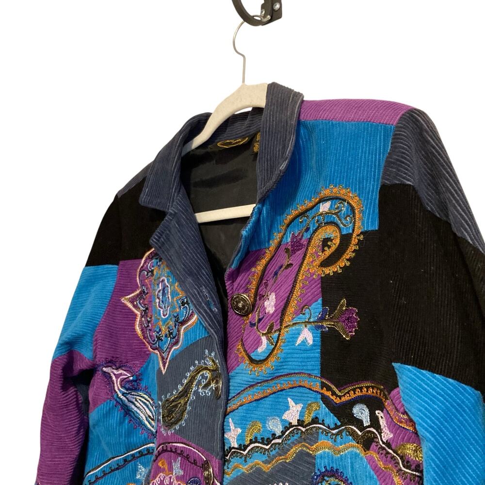 Vintage Y2K Julia Kim Blue Purple Corduroy Paisley Patchwork Blazer Size Medium - Picture 10 of 16